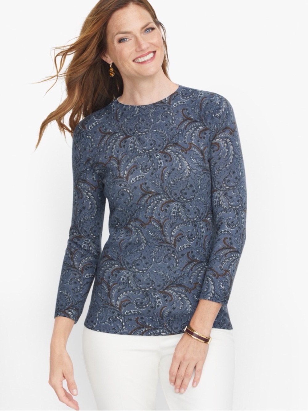 TALBOTS Cashmere Audrey Sweater Scroll Print Blue Paisley Size XL
